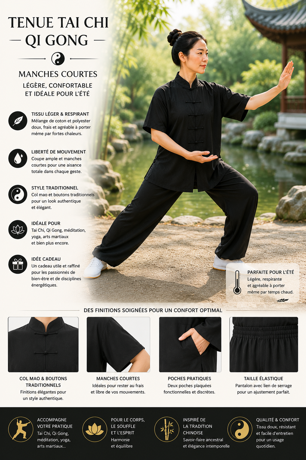 Tenue d'été Taiji & Qi Gong manches courtes – Légèreté et liberté de mouvement