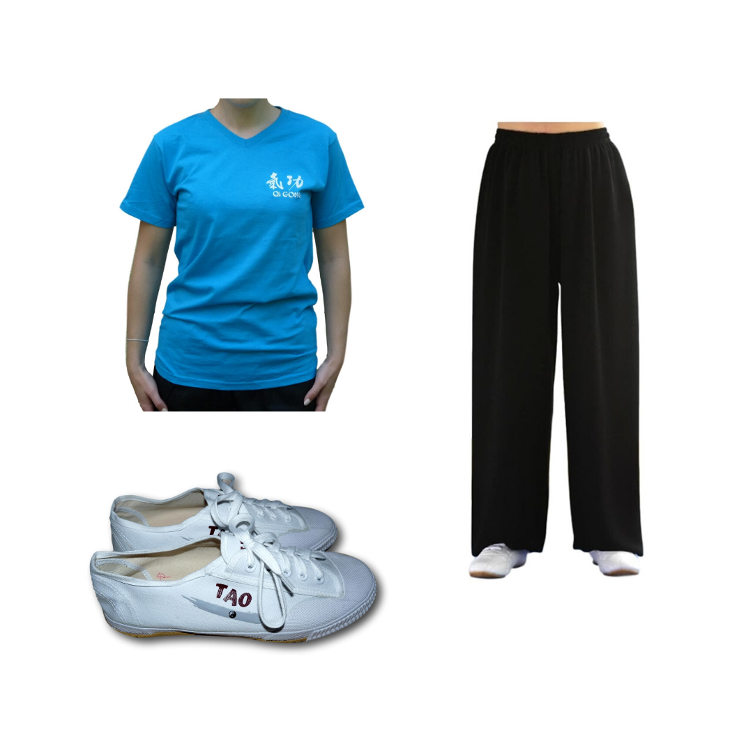 Set pantalon en lin noir + tee-shirt qi gong azur + chaussures TAO