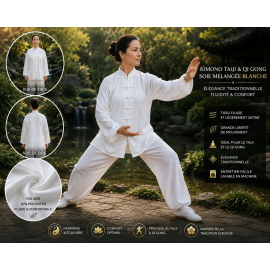 kimono Taichi Qi gong soie m&eacute;lang&eacute;e blanche