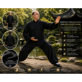 Kimono Taiji & Qi Gong noir en soie mélangée – Élégance et fluidité